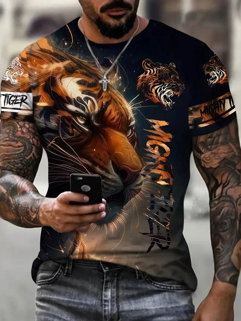 Vintage Tiger T-Shirt Men\'s 3d Animal Print Short Sleeved Top Tees Summer Casual Breathable Men\'s Clothing Oversized Streetwear