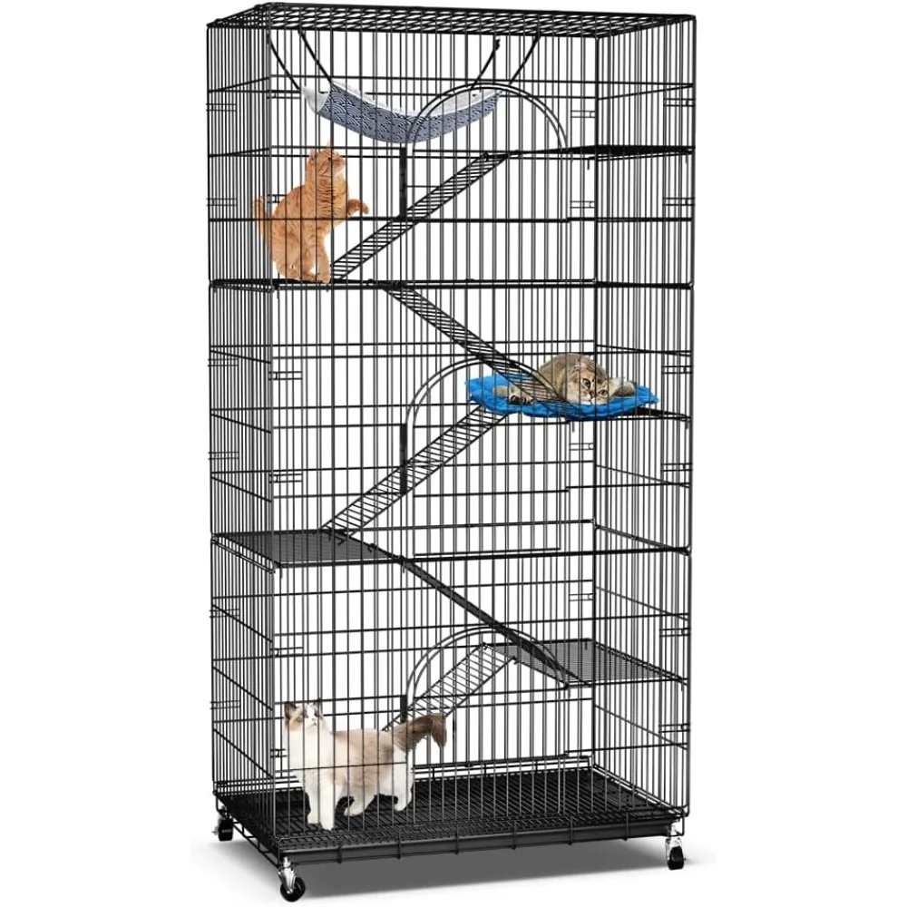 6-Tier Large Cat Cage Playpen, 72-inch Indoor/Outdoor Enclosure with 3 Doors, Hammock, Suitable for Cats, Kittens, Ferrets