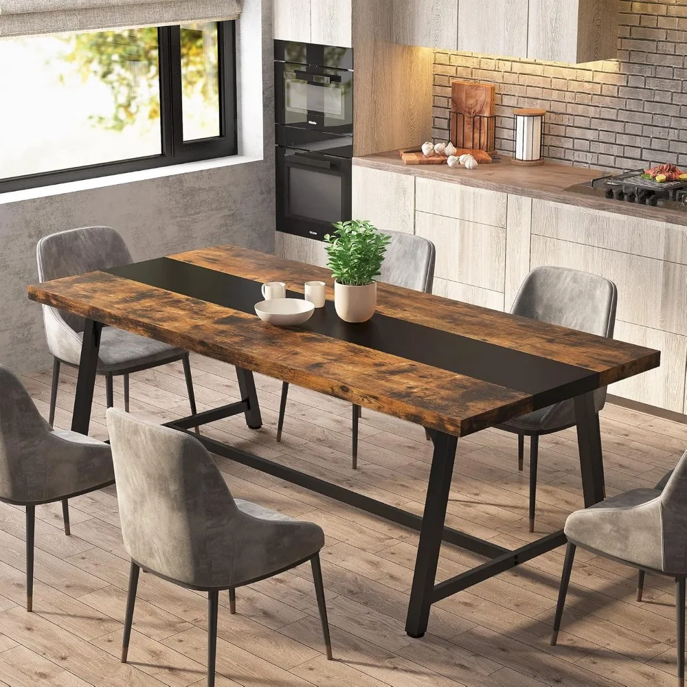 Dining Table,Rectangular Wood Kitchen Table with Strong Metal Frame, Industrial Large Long Dining Room Table