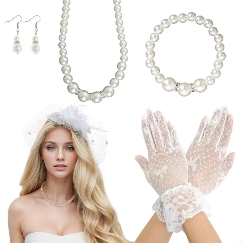 2025 NEW 5PCS TEAS Party Accessories Set Teas Party Fascinator Hat Hat Lace Gloves Necklace #2