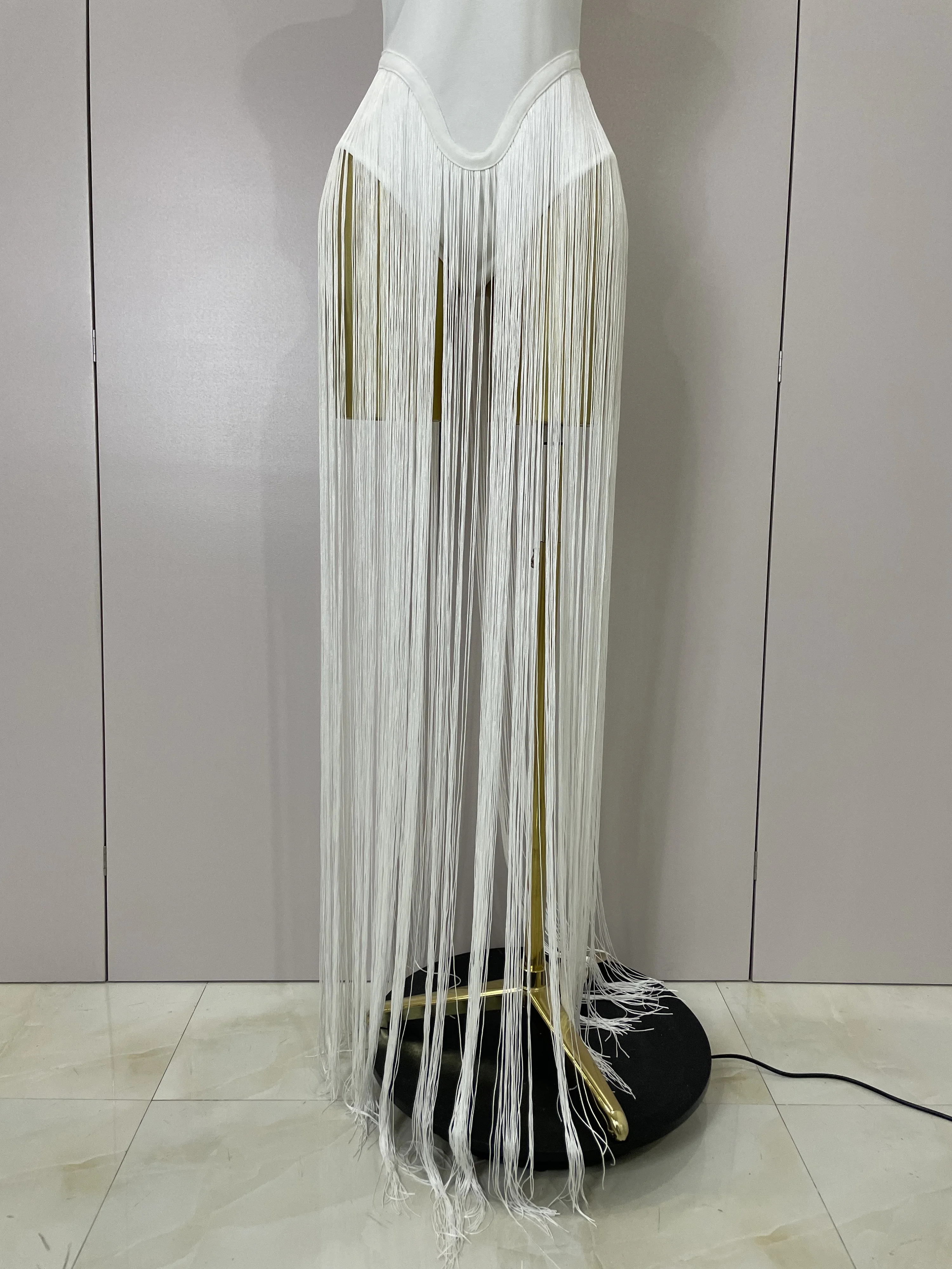 Sexy branco sem alças longo borlas bandagem bodysuit feminino elegante festa de noite luxo aniversário boate cantor palco outfit