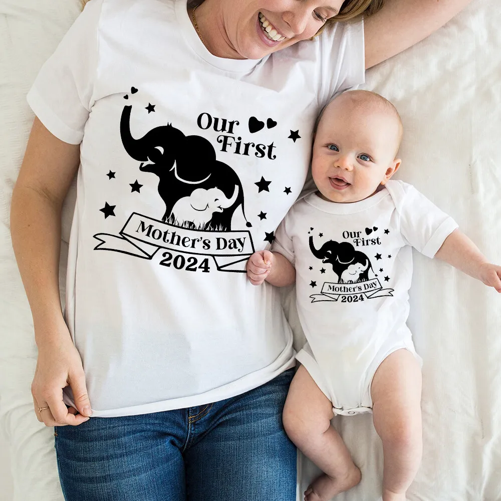 

Pattern Print Family Matching Outfit Our First Mother's Day Together Family Outfits Baby Romper+Mom T-shirt Mothers Day Clothes