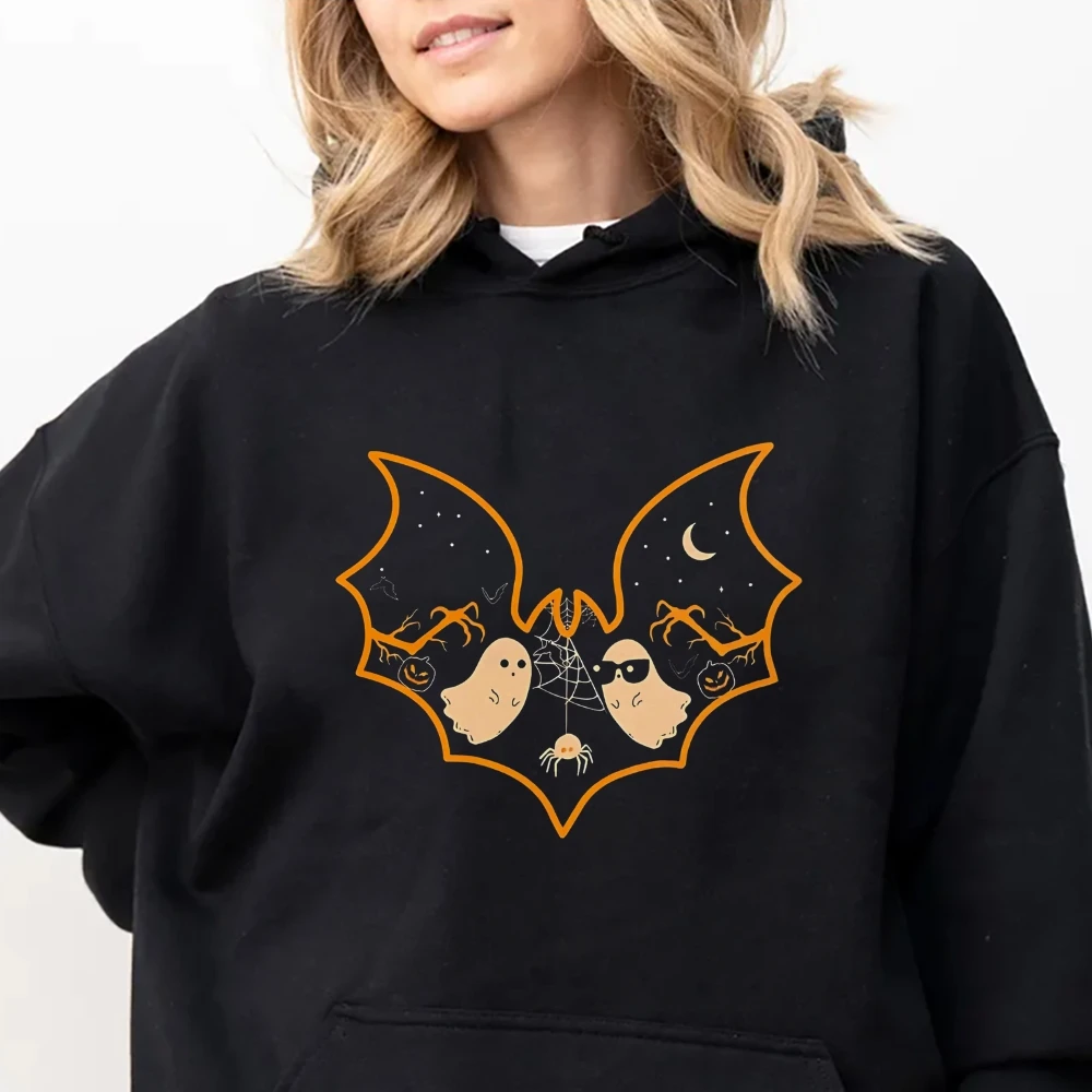 Halloween Bat Sunglasses Cute Ghost Hoodie Spooky Season Graphic Pullovers Oversize Female Clothing Halloween Lady Tops Y2k