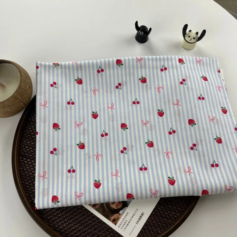 0.5m Pure Cotton Floral Stripe Fabric Cherry Bowknot Print Cloth For Doll Clothes Pillow Tablecloth DIY Handmade Sewing Material view 4