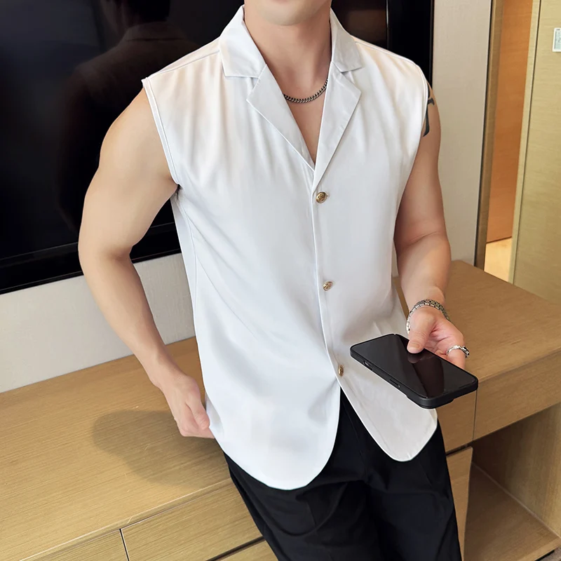 

Summer Men's Sleeveless Suit Collar Shirt Trendy Personalized Lapel Casual Shirt Social Sleeveless Vest T-shirt Streetwear 2025