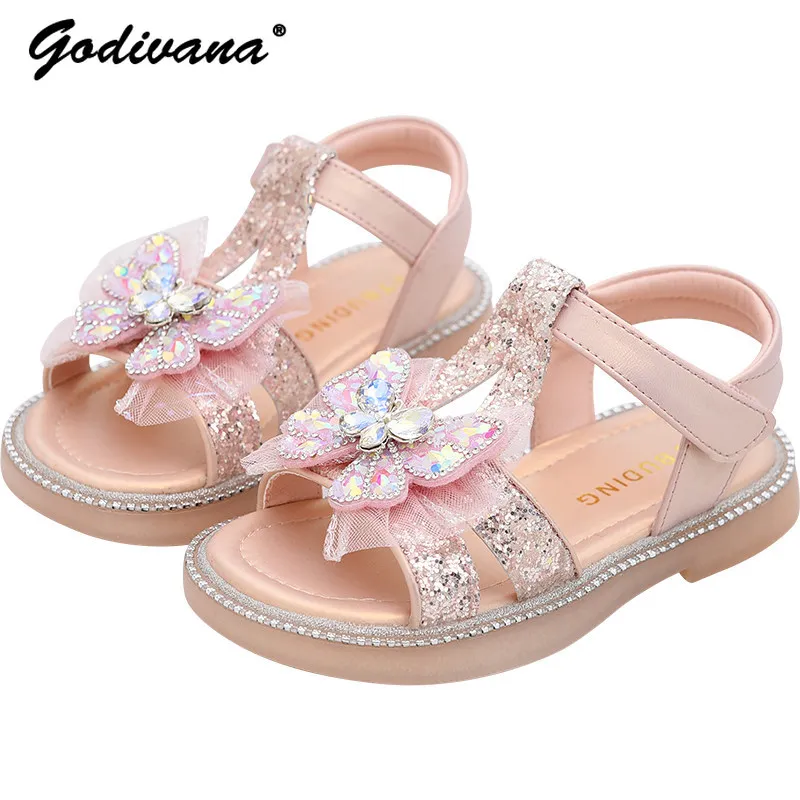 Sweet Baby Girls Princess Sandals Kids 2026 Summer New Fashion Open Toe Rhinestone Bow Soft Non-slip Flat Velcro Party Shoes