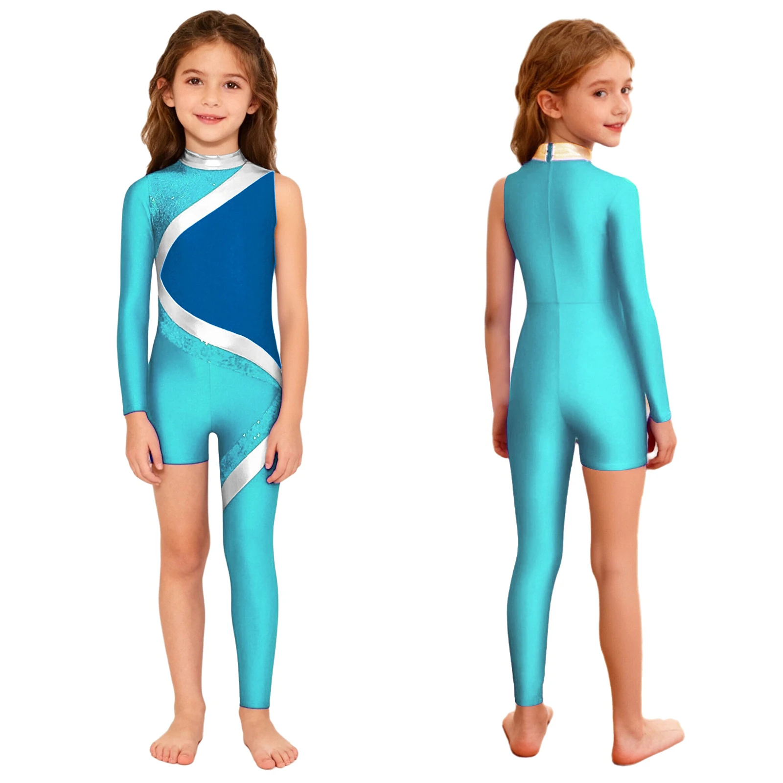 Toddler Girls Rhythmic Latin Dance Mock Neck Sequined Jumpsuit Asymmetrical Design Gymnastics Ballet Dance Performance Outfits