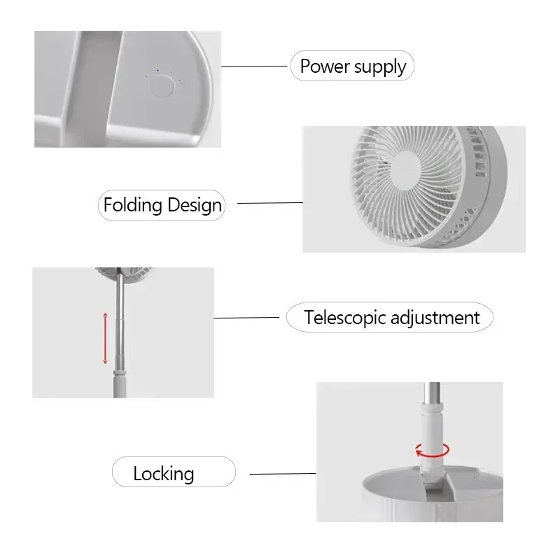 7200 mAh Telescopische opvouwbare ventilator Draadloos USB Oplaadbaar Geluidsarme ventilator Buitenhuis 3 snelheden Camping Draagbare ventilator Vloer Kleine ventilatoren