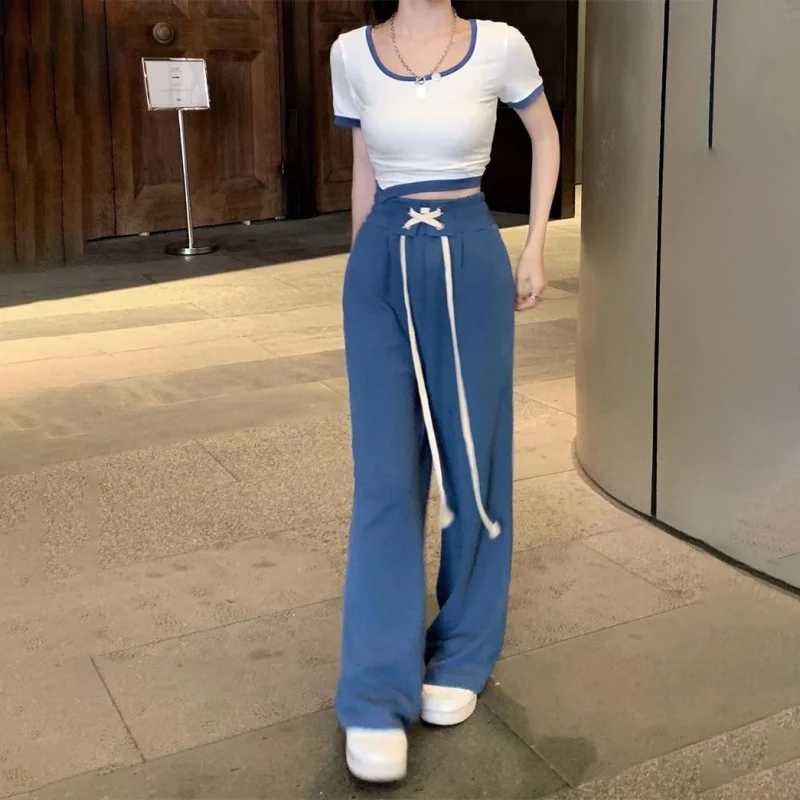 Irregular Contrasting Color T-shirt Drawstring Elastic Waist Wide Leg Long Pants Loose and Slimming Two-piece Set for Women