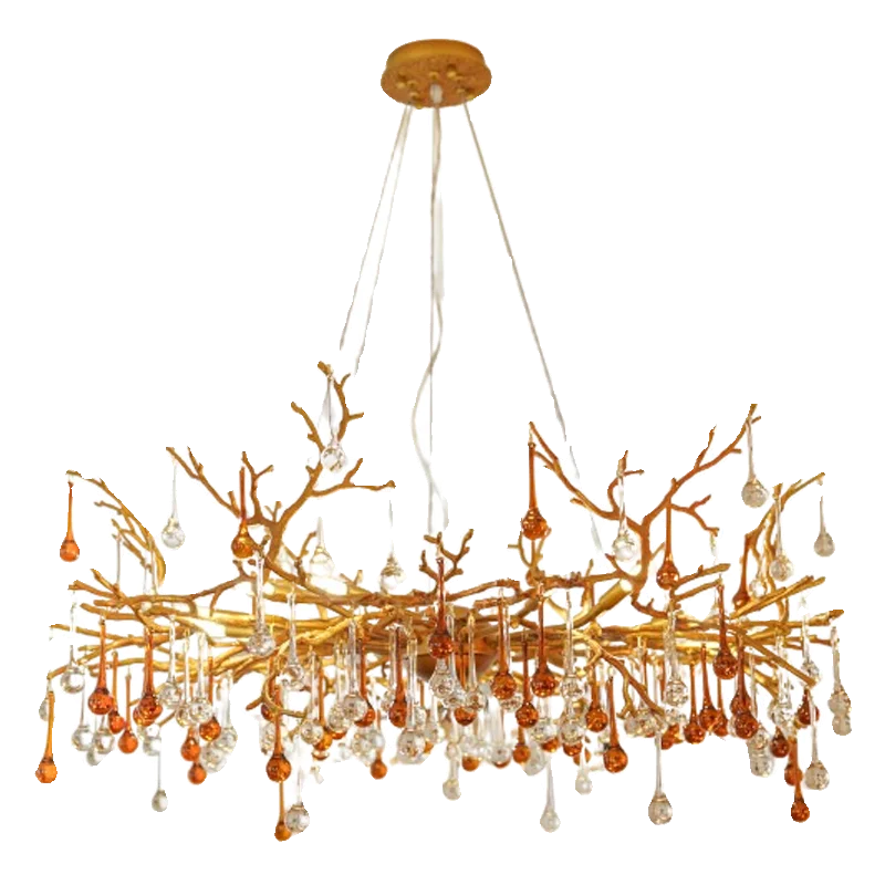 

American retro all-copper chandelier living room dining room bedroom glass colored water droplets modern foreign trade crystal c