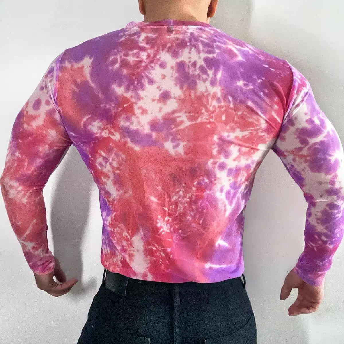 Men's Colorful Tie-dyed T-Shirt See Through Basic long sleeve Shirt Stage Show Male Singer Dancer Performance tops