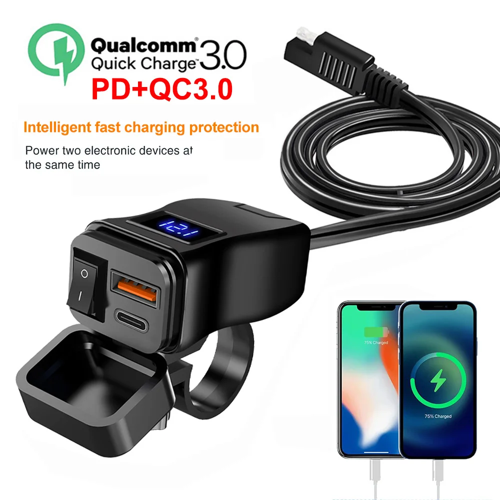 

Зарядное устройство PD Dual QC3.0 USB для мотоциклов, устройство для быстрой зарядки с вольтметром, термометром, цифровой дисплей, розетка для зарядного устройства