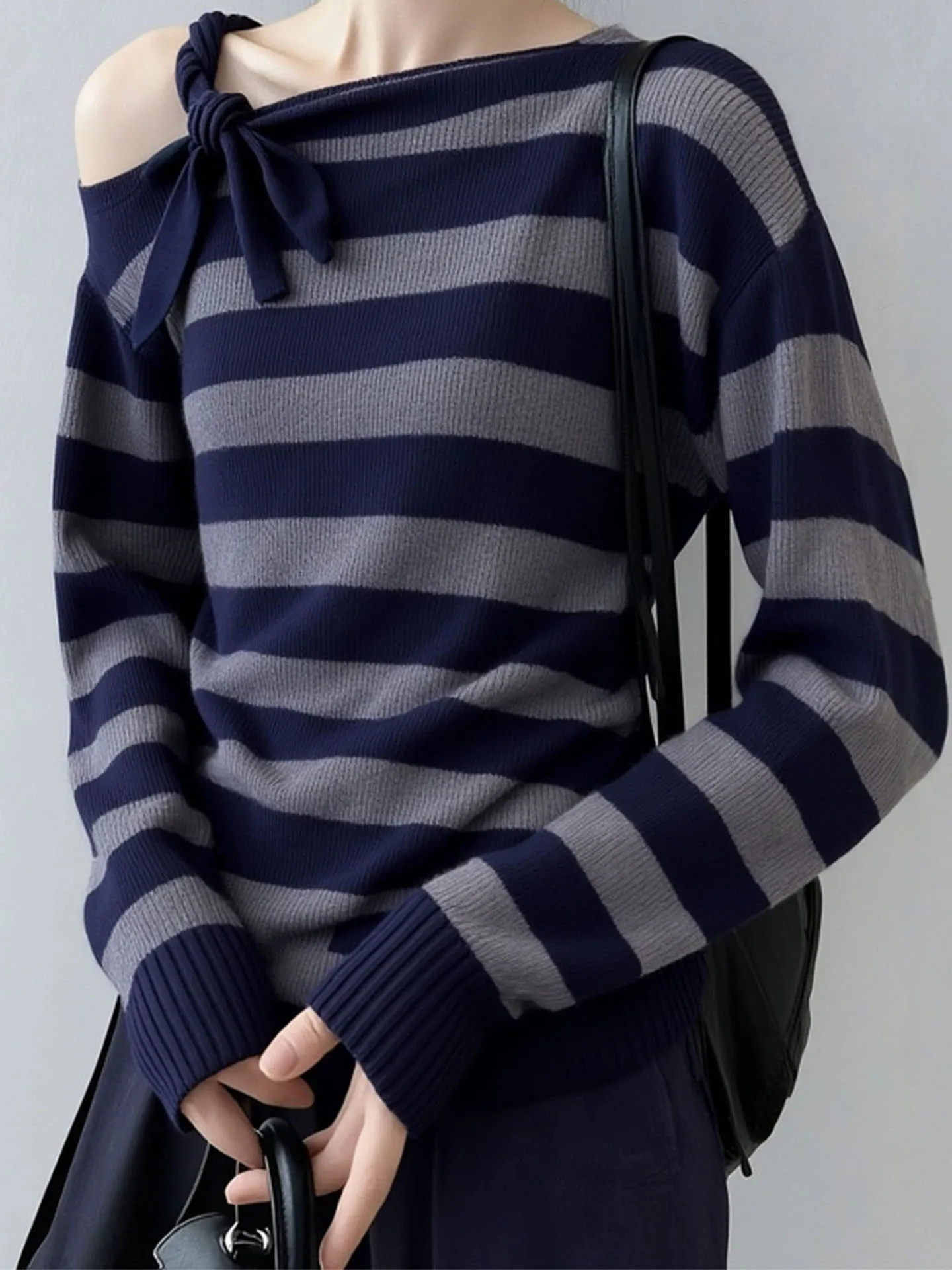 oulder Bared Striped Knitwear Thi Long Sve Lazy Sle High End Feeling Autumn Winter Women's Sweater Korean Loose Fit