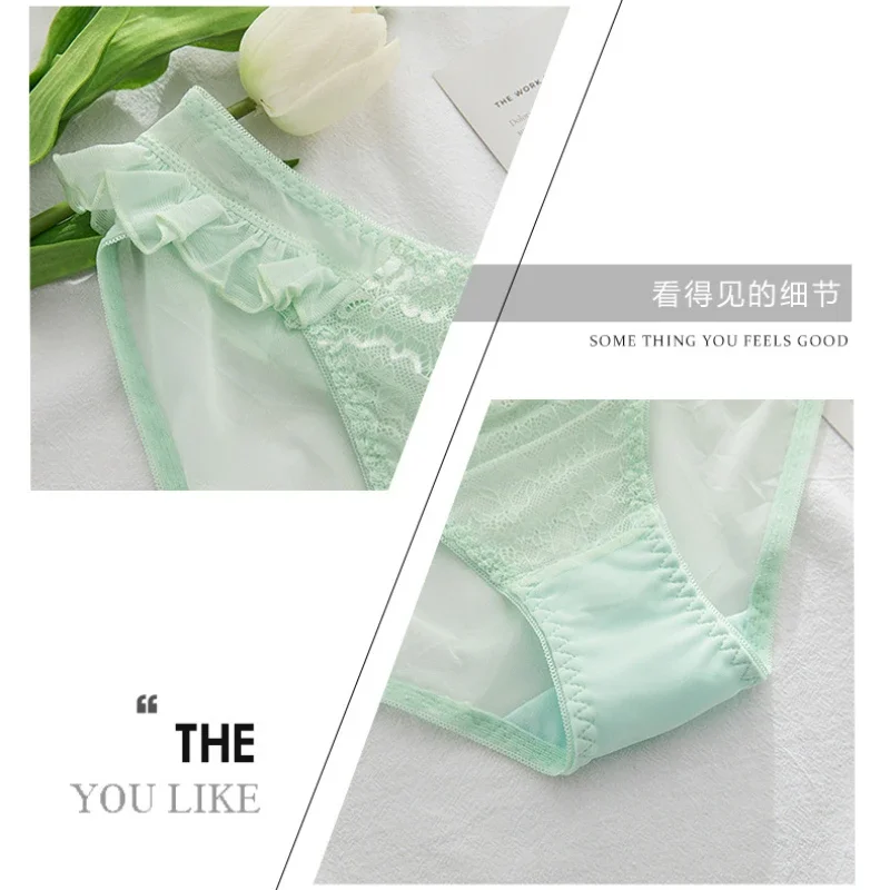 Bow Lace Panties Women Ribbon Wooden Ear Edge Japanese Trend Briefs Low Waist Sexy Breathable Cotton Crotch Underwear