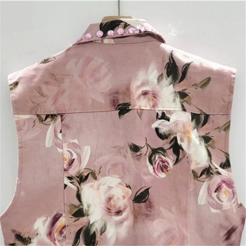 Moda Kwiatowy nadruk Perłowy diament Cekiny Różowa krótka kamizelka damska Casual Luźna kamizelka damska z klapami Jednorzędowa kamizelka bez rękawów