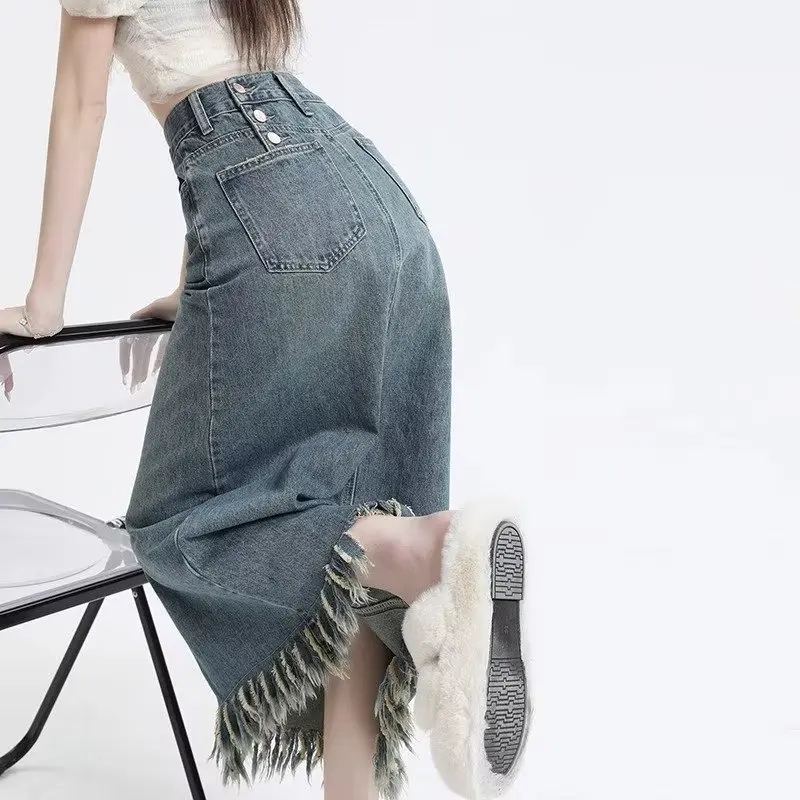 

Vintage High Split Washed Tassel Jean Denim Medi Long Shirt Women A-Line Retro Y2K High Waist Retro Casual Korean Skirt Femme