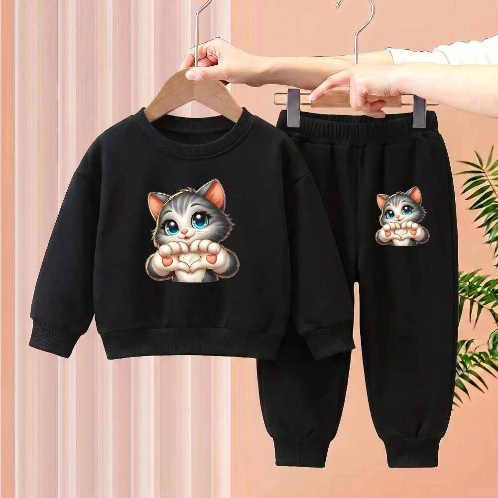 2026 Autumn New Style Girls Hoodies Sets 1-8years Kids O Neck Sweatshirt and Long Pant 2pcs Suit Cute Kitty Printed Tracksuit