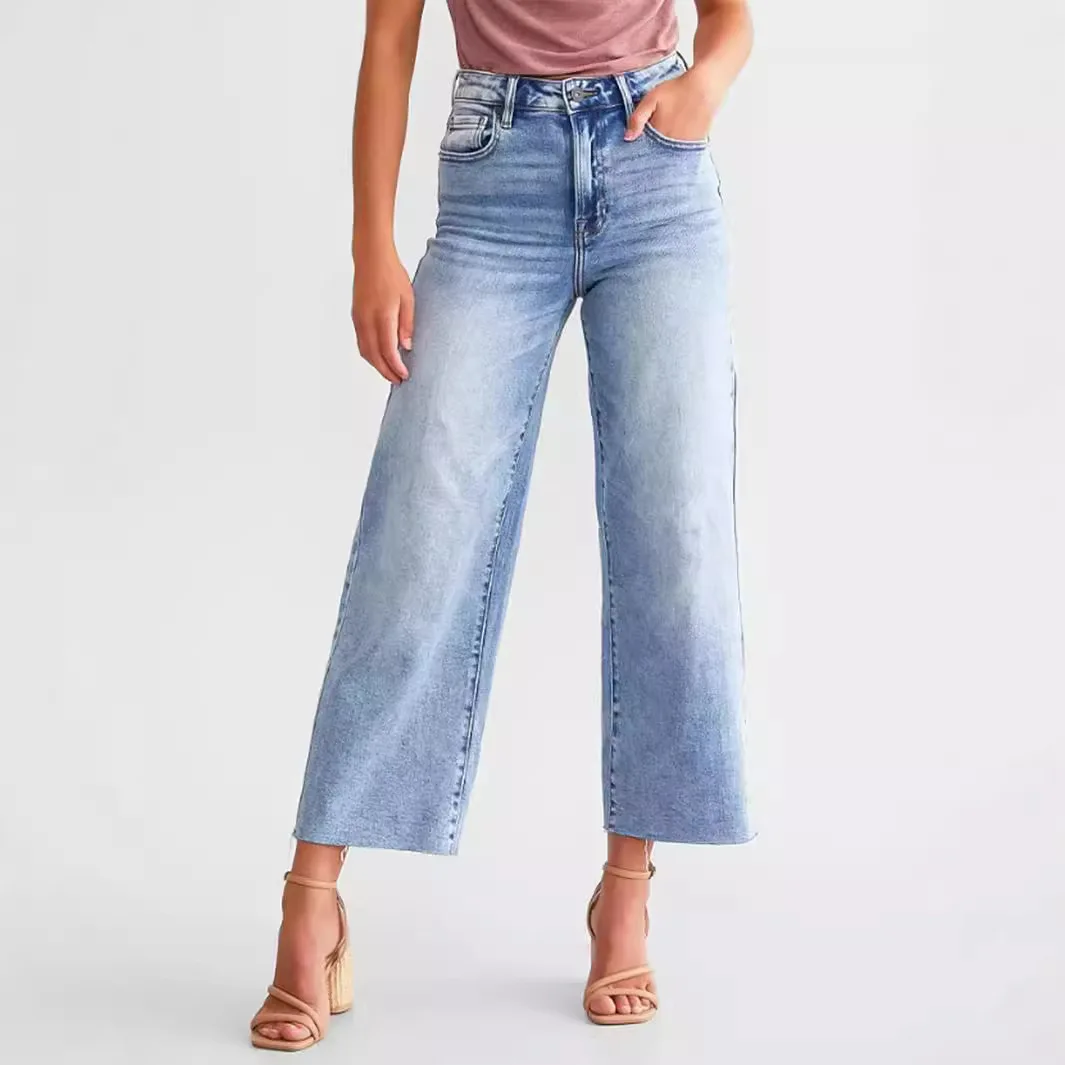 Women Denim Pants Spring Summer Women Fashion High Waist Ripped Jeans Straight Wide Leg Pants Lady Casual Straight Denim Pants