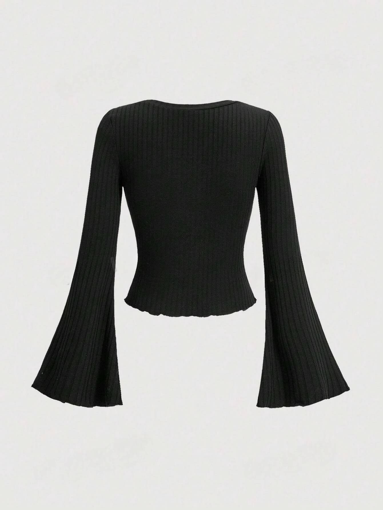 Casual Pleated Bow-knot Squre Neck Flare Long Sleeve Crop Top Women Spring Fall 2024 Fashion Solid Color Rib-knit Blouse Y2K