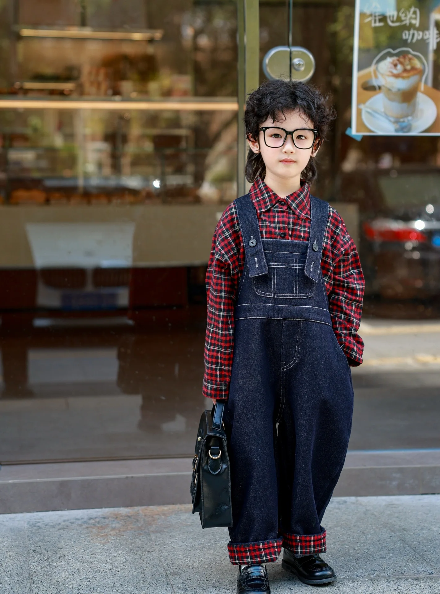 

Cowboy Overalls Fleece Plaid Splicing Overalls Boys Children Korean Loose Casual Autumn Winter New Grils Fashionable