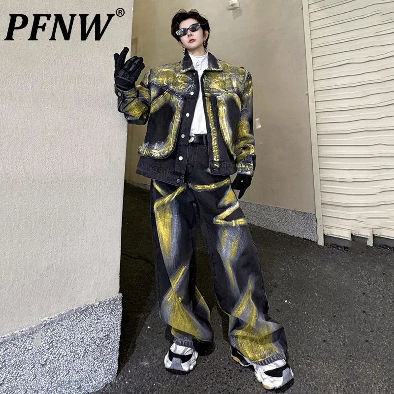 PFNW High Street Men\'s Denim Sets Painting Loose Pocket Jacekts Straight Jeans New Fashion Summer Male Two-piece 2024 24X4259