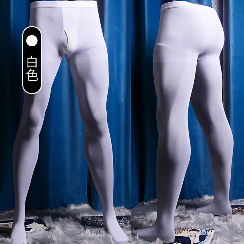 2023 New Design 45-80KG Japanese Men Long Johns Tight Warm Sexy Velvet Pantyhose Vertical Slit White Black Leggings  Comfortable