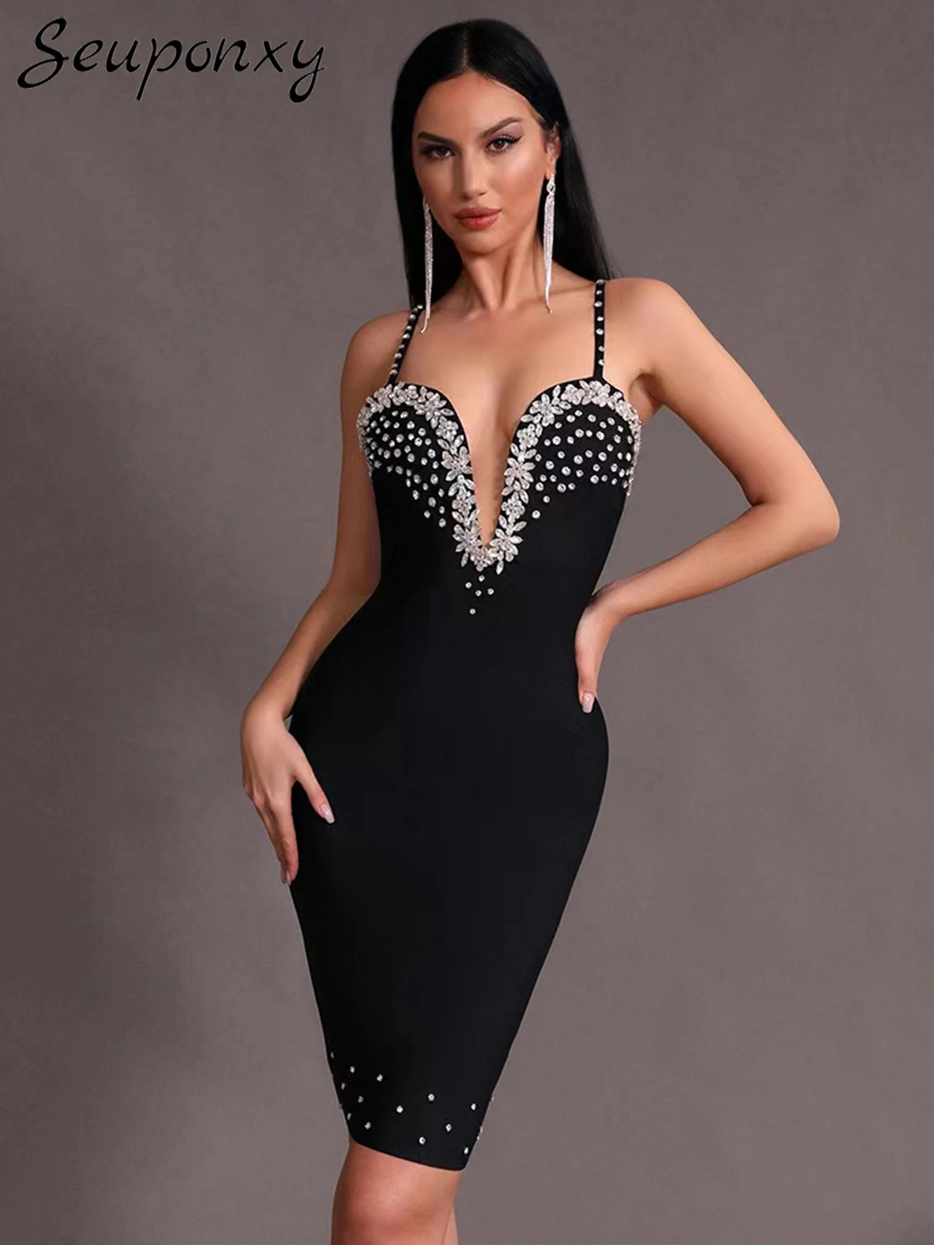 

High Quality Women'S Sexy Sleeveless V-Neck Luxury Diamond Crystal Bandage Mini Dress 2024 Elegant Evening Party Runway Vestidos