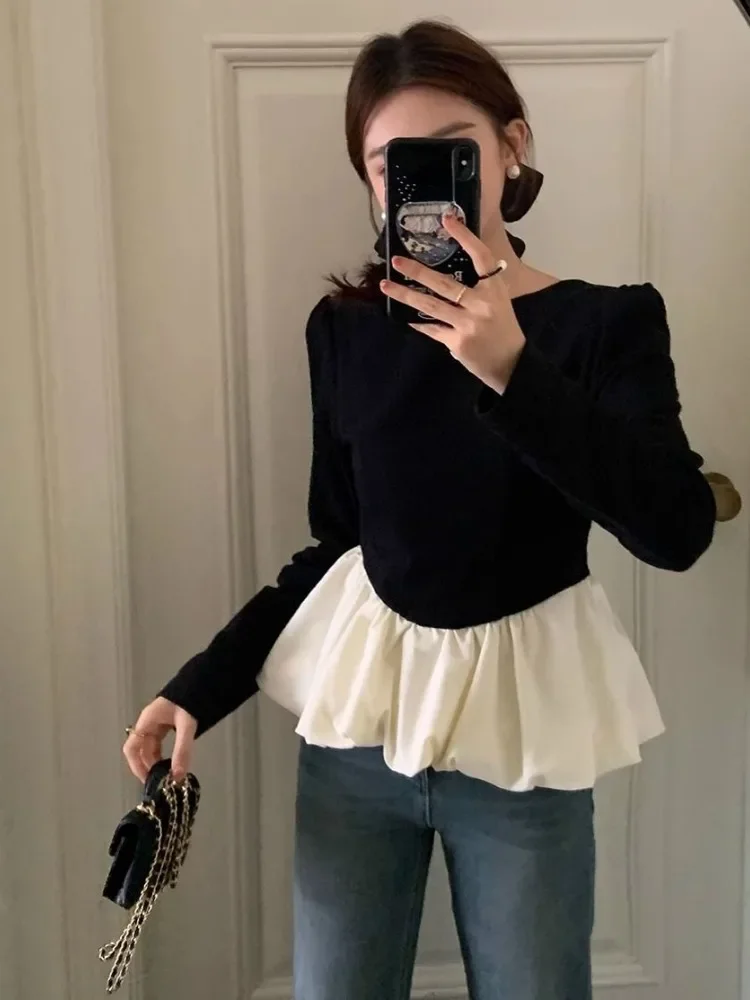 Y2K Fashion Blouse Women Clothing Contrast Color Puff Sleeve Tunic Shirts 2024 Blusas Mujer De Moda Backless Sexy Blouses Tops