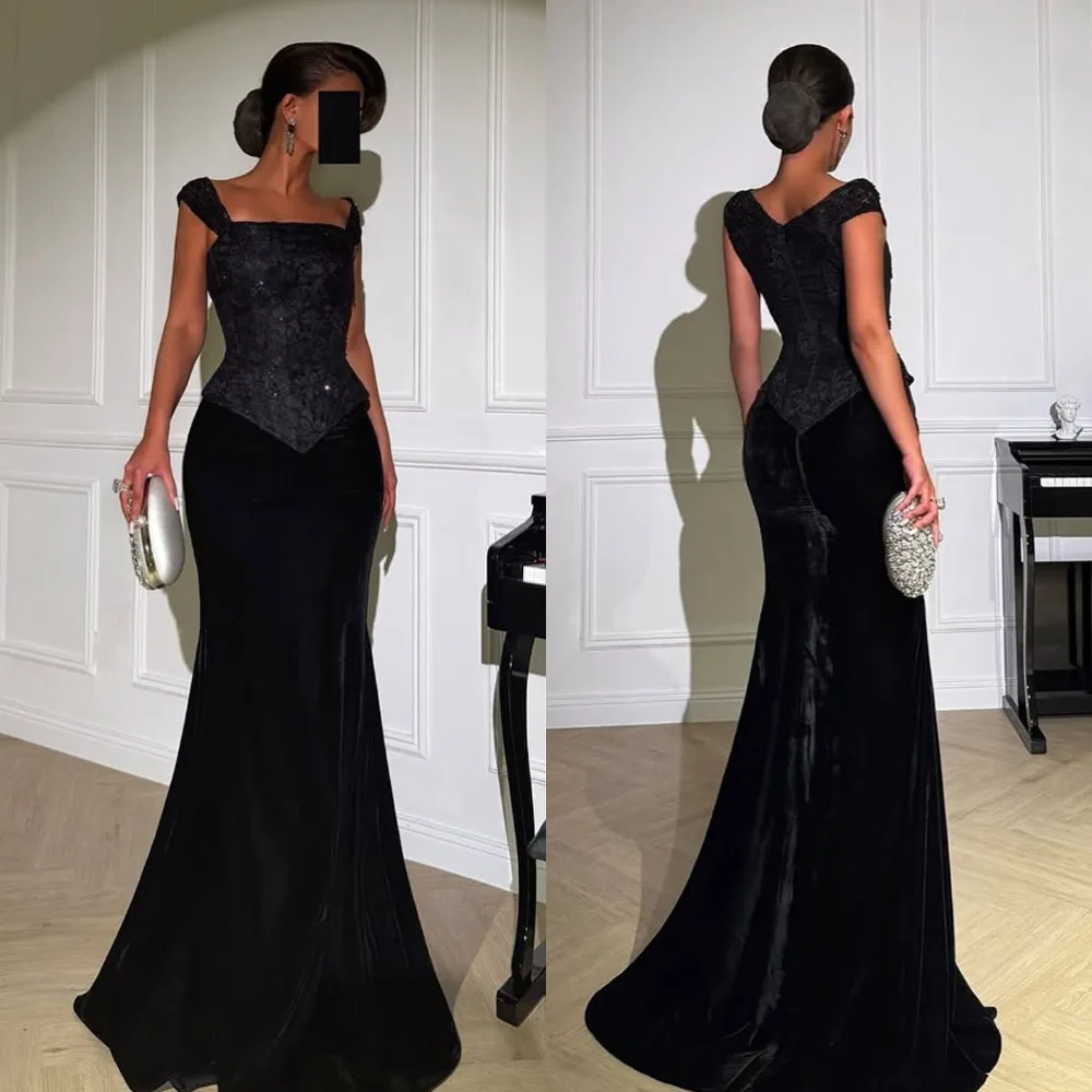 

Customized High Quality Floor Length Sleeveless Strapless Beaded Sweep Train Black Prom Evening Dresses Wide Suspenders Zipper