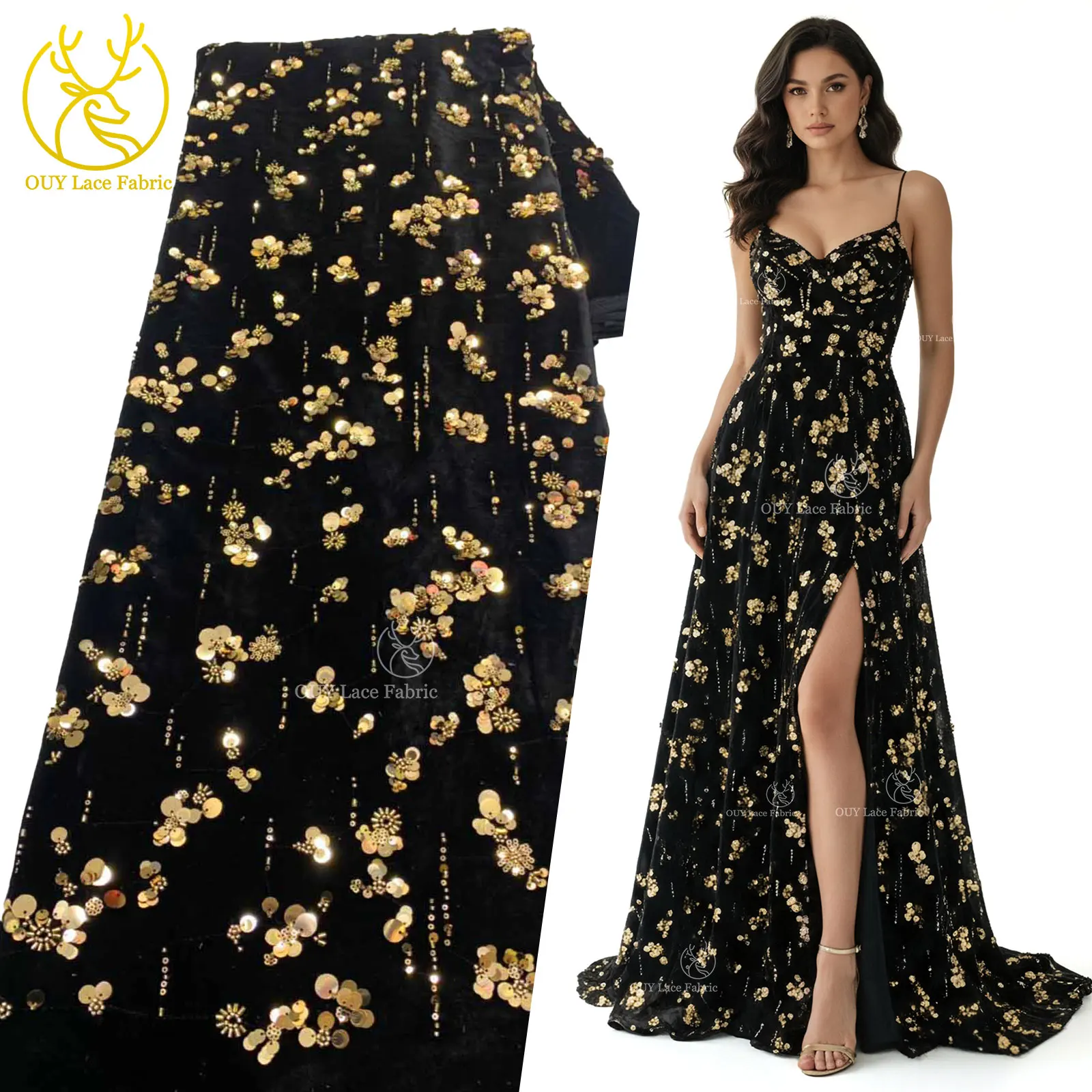

Черно-золотая бархатная кружевная ткань с блестками, 2026, высококачественное роскошное французское кружево с блестками, подходит для швейного материала вечернего платья