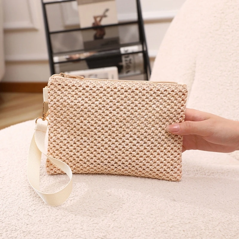 Casual Bohemian Straw Wristlet Clutch Bag for Women Solid Color Beach Vacation Zippered Purse Small Handbag Wallet