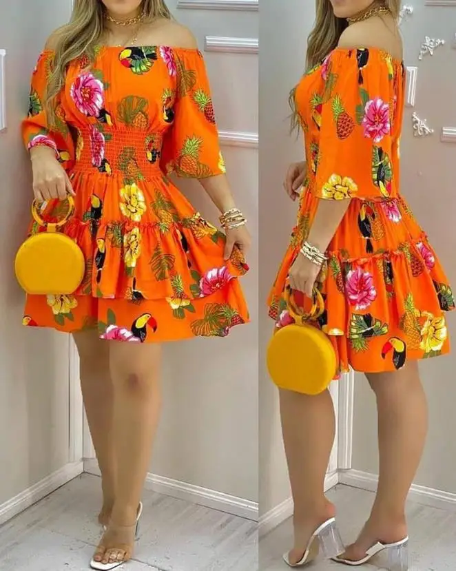 Womens Dresses 2024 Spring Fashion Tropical Print Off Shoulder Casual A Line Mini Shirred Waist Daily Vacation Dress