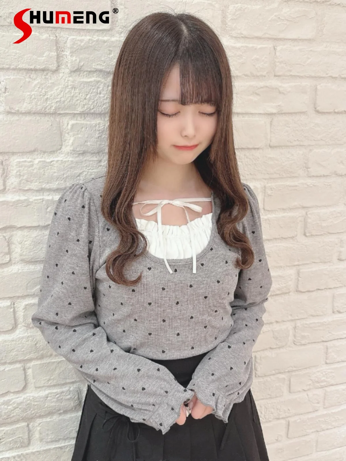 Japanese Sweet Stitching Knitted Top 2024 Early Spring New Elegant Square Collar Simple Splicing Long Sleeve Pullover Knit Shirt