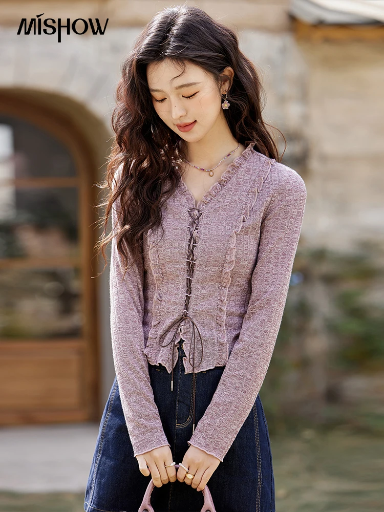 MISHOW Fashion V-neck Knitted Sweater Women's Spring 2025 New Casual Slim Fit Long Sleeved Top Clothing Streetwear MXE11Z1095