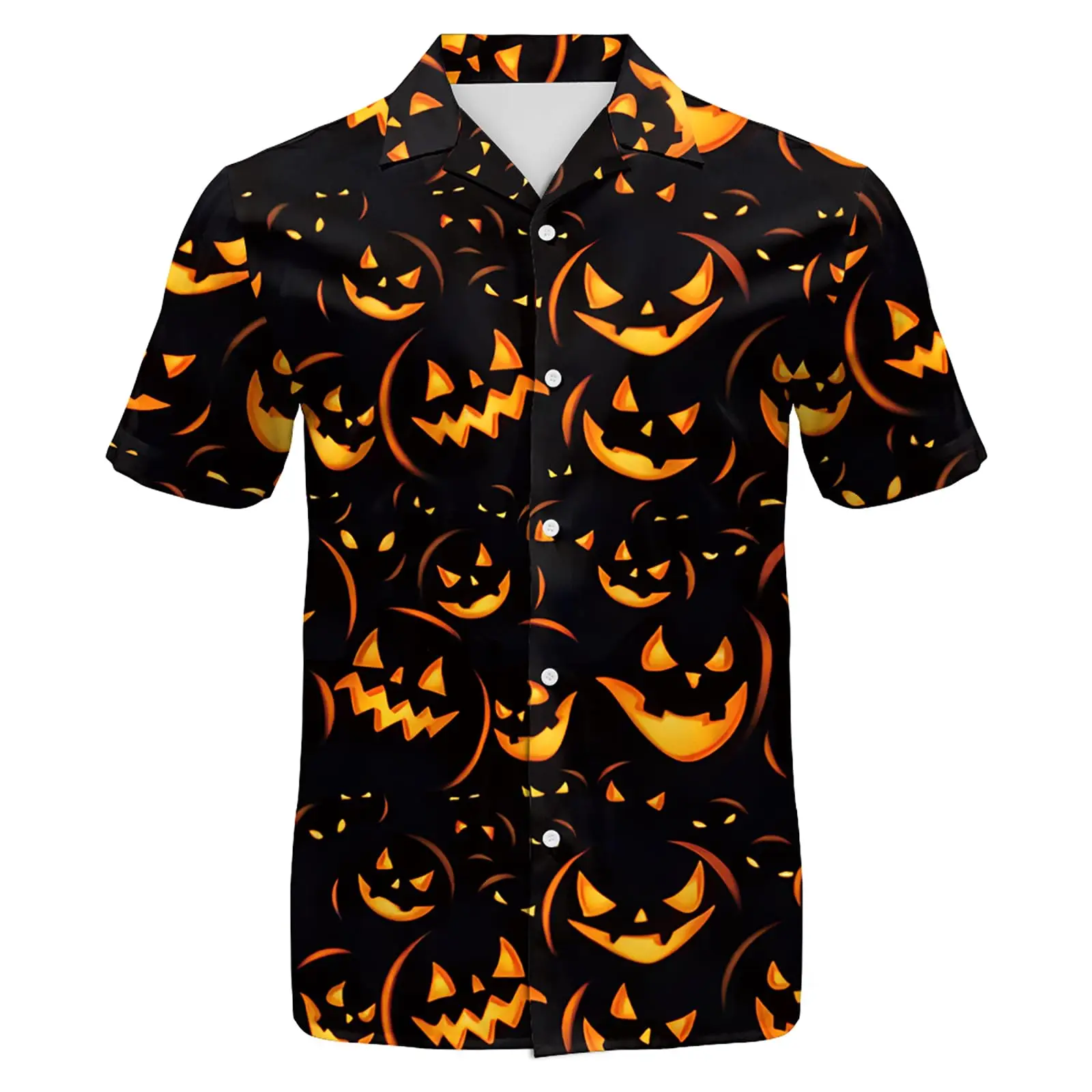 Herren-Halloween-Hemd mit Knöpfen, Böser Kürbis-Schädel, 3D-Druck, Neuartiges Lustiges Feiertags-Party-Herren-Freizeit-Streetwear-Kurzarmhemd
