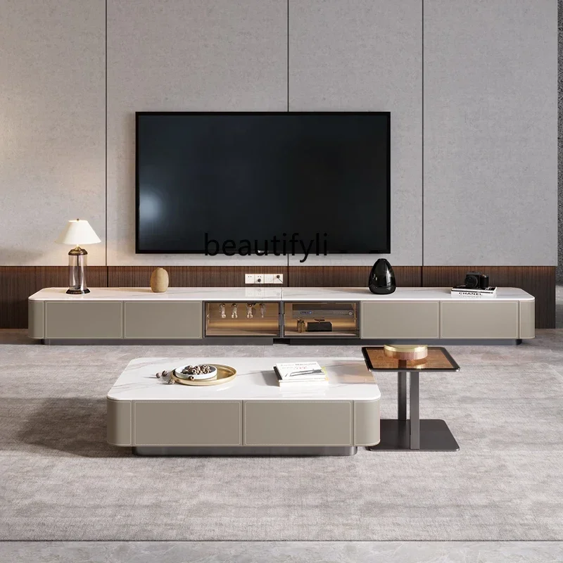 

Stone slab floor cabinet extended solid wood saddle leather TV cabinet tea table combination designer