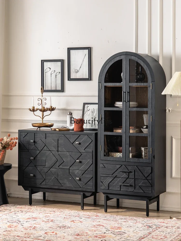 

GG8Retro Affordable Luxury Black Arch Storage Hallway Solid Wood French Shoe Cabinet