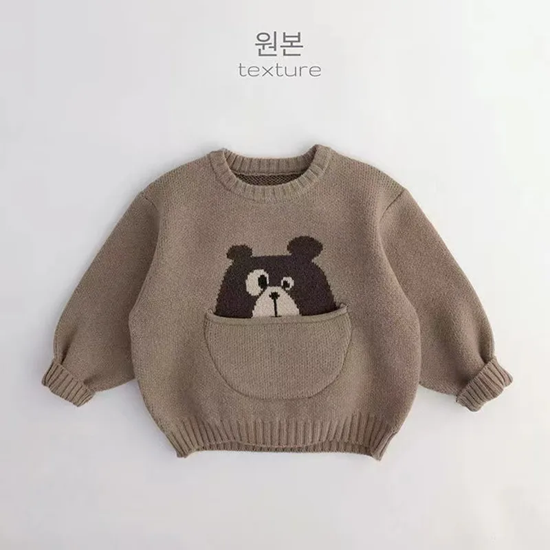 Children\'s Pocket Cartoon Autumn Winter Korean Edition Sweater For Boys And Girls Clothing Baby Pullover Knitted Bottom Sweater