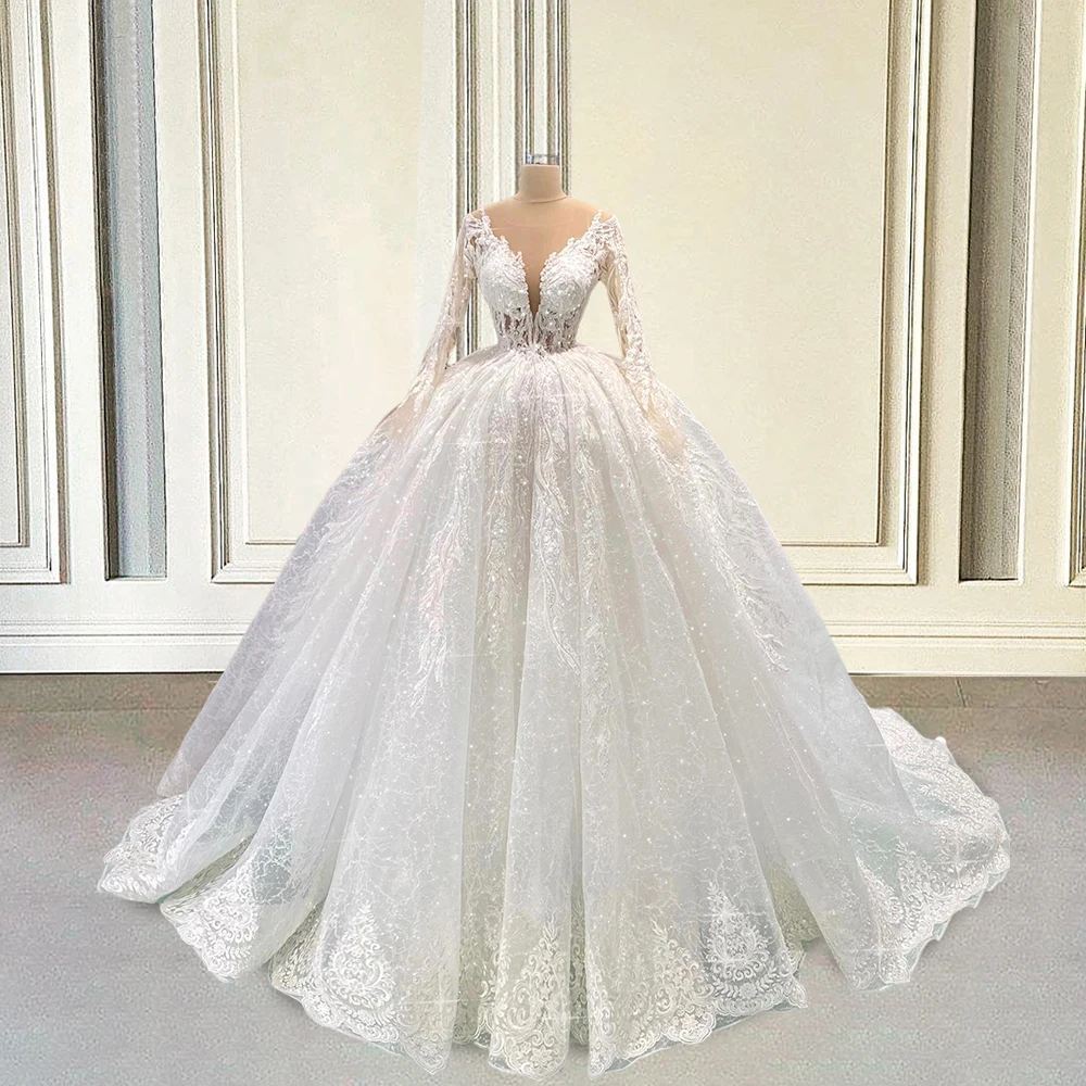 

Ball Gown Wedding Dresses 2024 for Bride Luxury Puffy Glittle Beaded Appliques Lace Full Sleeves Bridal Gowns Vestidos De Noiva