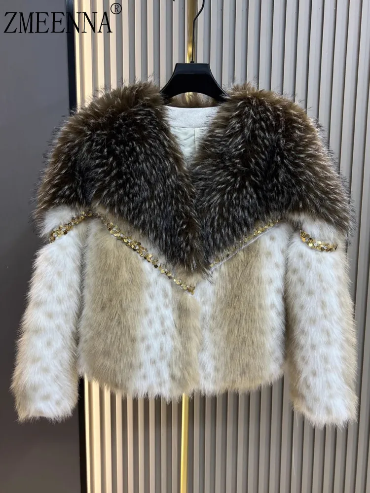 ZMEENNA 여성용 짧은 인조 모피 자켓 골드 스팽글 디테일 고급스러운 따뜻한 겨울 아우터 베이지 브라운 레오파드 스팟 ZM4474