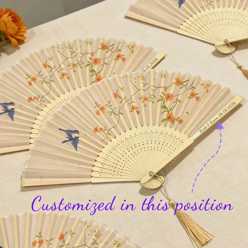 Personalized custom-made elegant ladies' floral folding fan, with tassels, in beige and pink design, lightweight and easy to hol