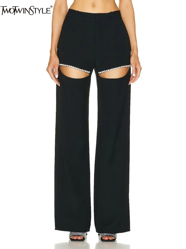 

Брюки женские широкие однотонные с высокой талией и бриллиантами
