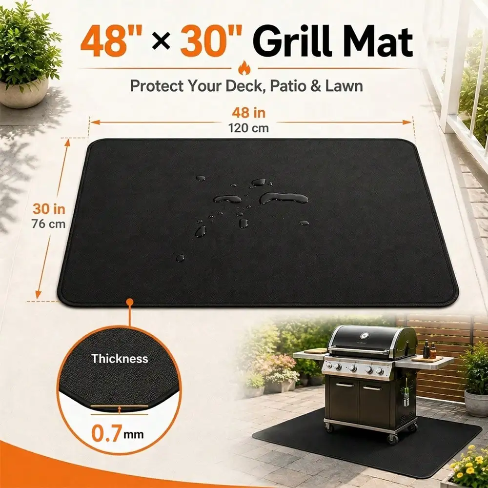 48*30in Double-Sided Fire & Heat Resistant Large BBQ Grill Mat For Grills, Fireplaces, Fire Pits & Smokers, Waterproof Oilproof Protector For Deck, Lawn & Patio, Easy To Clean