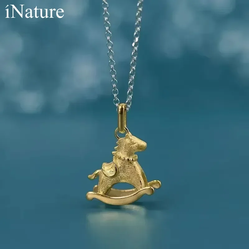 INATURE 925 Sterling Silver Cute Rocking Horse Pendant Necklace For Women Fashion Party Jewelry Accessories