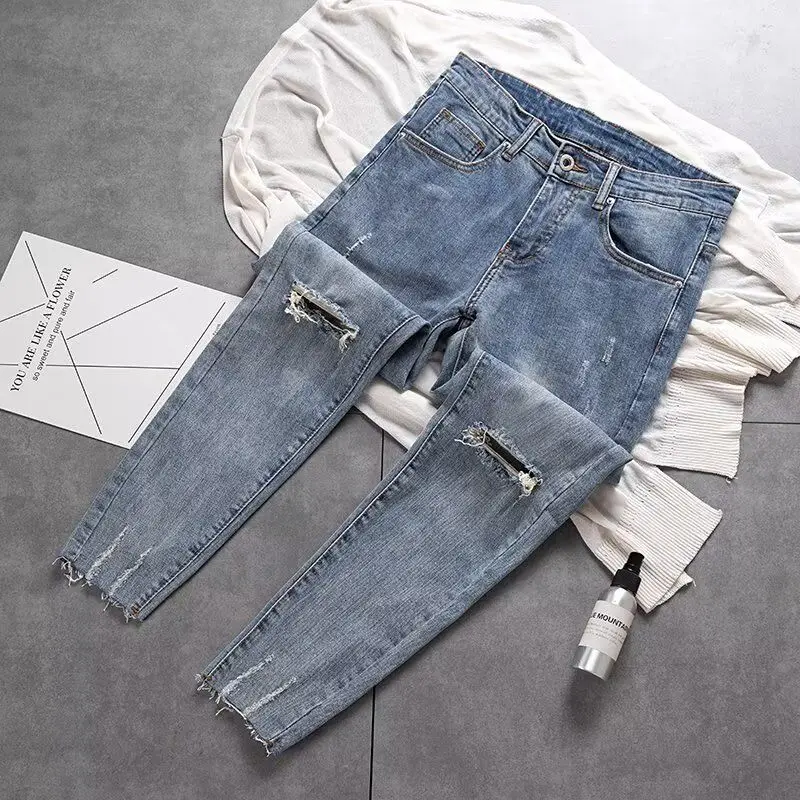 

Роскошные брендовые грубые рваные джинсы, мужские модные брендовые весенние корейские костюмы 202, облегающие эластичные повседневные уличные брюки, мужские брюки