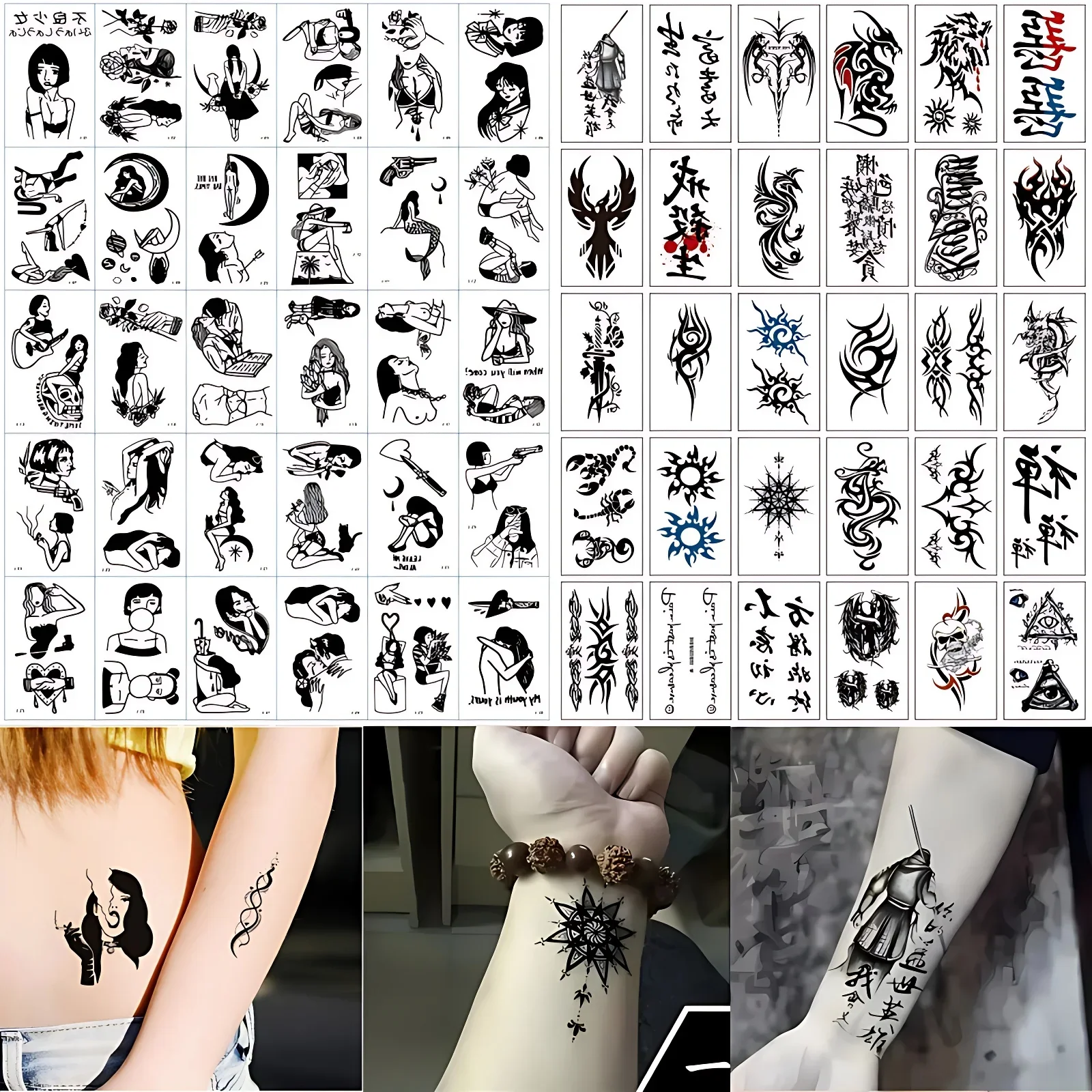 60pcs/set Dark Girls Waterproof Tattoos Adhesive for Adult  Couple Arm Hand Cool Sexy Fake Tattoo faux tatouage pour femme