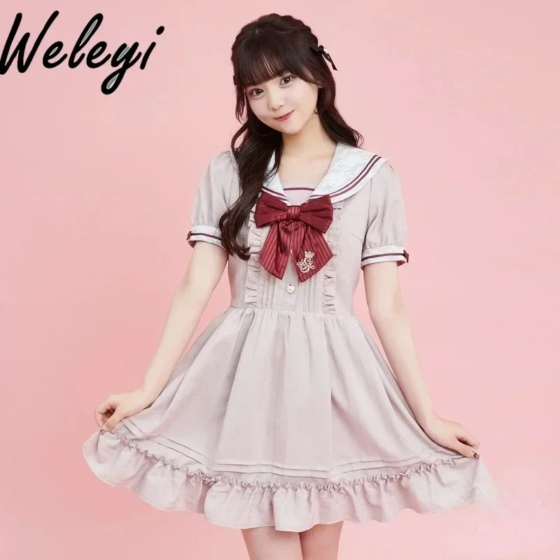 

Kawaii Uniform Sukienka Summer Dress Women 2024 New Sweet Lace Navy Collar Kleid Embroidered Bow Cute Elegant Princess Sukienki