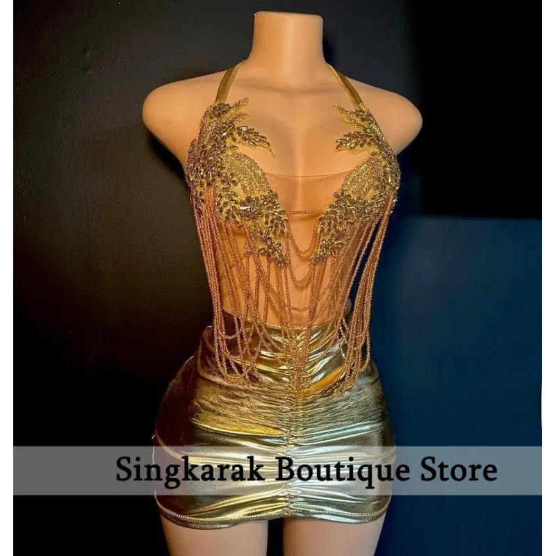 

Sexy See Through Birthday Dresses Halter Rhinestone Party Outfits Tassel Short Prom Dress Homecoming Gowns Customized