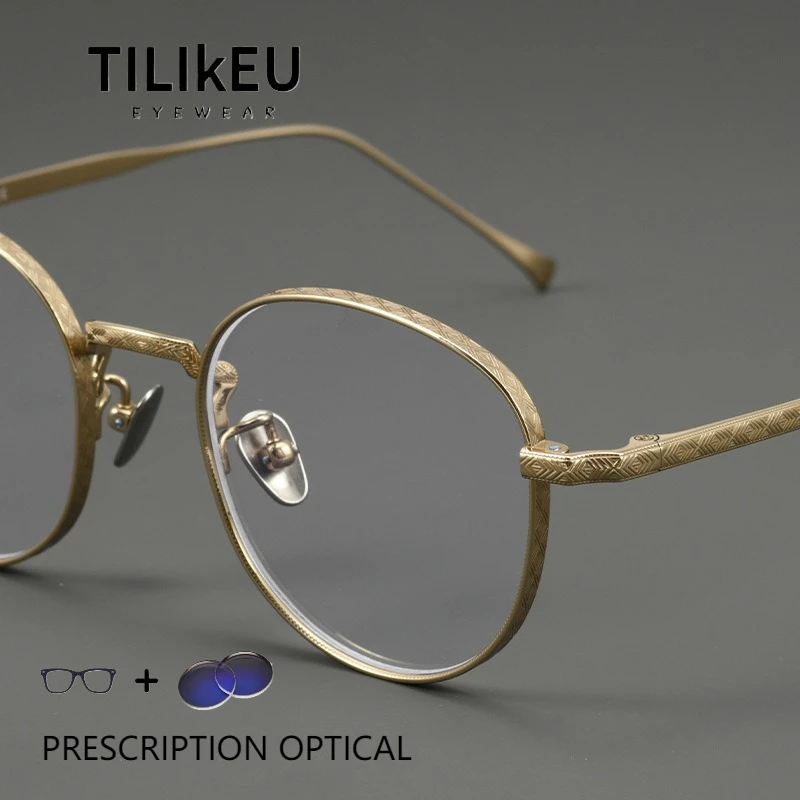 

Japanese Vintage Pure Titanium Blue Light Blocking Reading Glasses Men Ultra-light Hand-carved Prescription Eyeglasses for Women