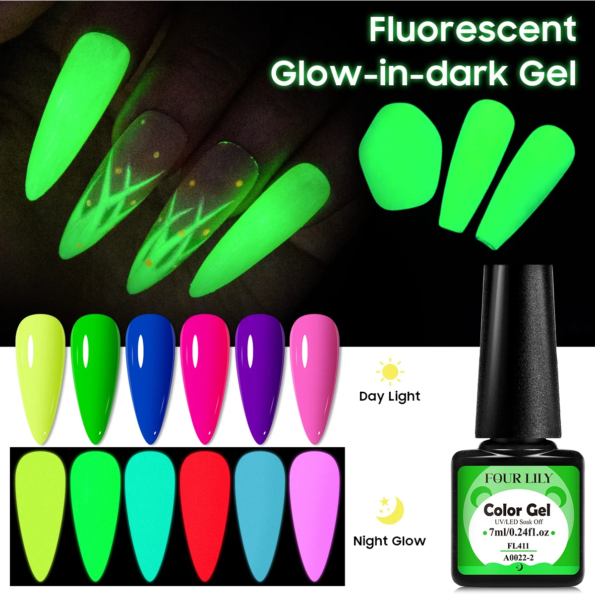 FOUR LILY 7ml Fluorescent Glow-in-Dark Nail Gel Polish Neon Luminous Colorful Long Lasting Soak Off UV LED Gel Nail Art  Vernis